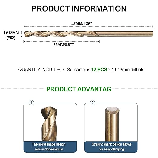 METALLIXITY Drill Bit (#52) 12Pcs, M2 High-Speed Steel Micro Number Bits Spiral Flute 135°Point Tip Gold Finish for Stainless Steel Iron Copper Aluminum Hard Metal