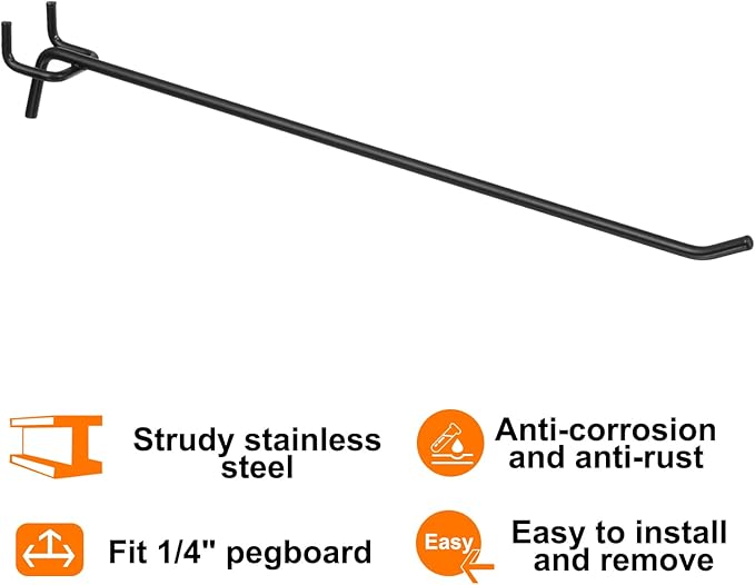 HARFINGTON 10pcs Pegboard Shelving Hooks 10" Stainless Steel Peg Board Display Hook Hanging Holders Wall Mount Organize Tools for Workbench Garage Kitchen Store, Black