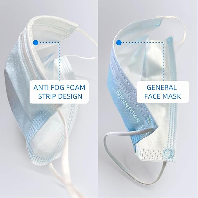 Jointown Anti-fog 3-ply Disposable Face Mask, Face Mask with Efficient Filter Media for Adult, Adjustable and Soft Nosepiece, 100 Pack