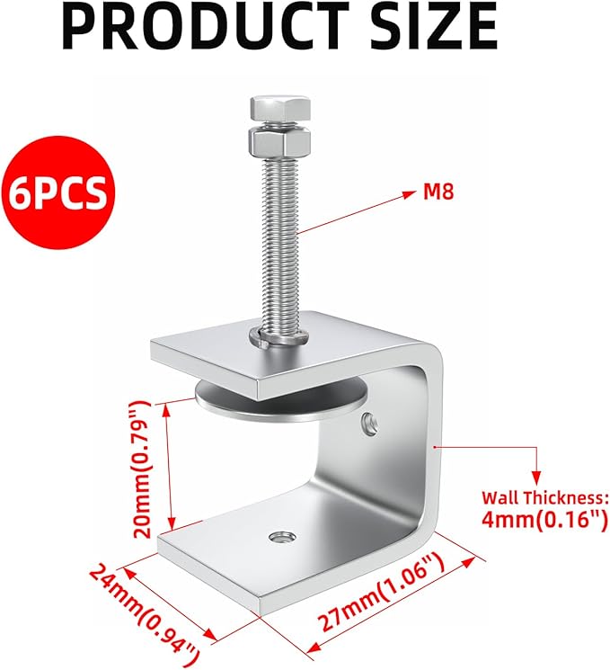 1 Inch Stainless Steel Heavy-Duty Clamp, Stainless Steel C-Shaped Clamp with 0.78-Inch Opening, Suitable for Woodworking Bonding, Cutting and Installation. 6pcs