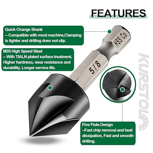 Countersink Drill Bit Set - M35 HSS TIALN Coated Countersink Drill Bit for Stainless Steel Iron Aluminum Copper, 5pcs 1/4"-3/4" Countersink Chamfer Bit Quick Change Shank Fixed On Drills