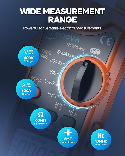 Crenova Digital Clamp Meter Multimeter 6000 Counts TRMS Voltage Tester Amp Meter for AC/DC Current/Voltage,Resistance,Capacitance,Frequency,Duty Cycle,Temperature,Continuity,Diode,NCV,Live Wire Test