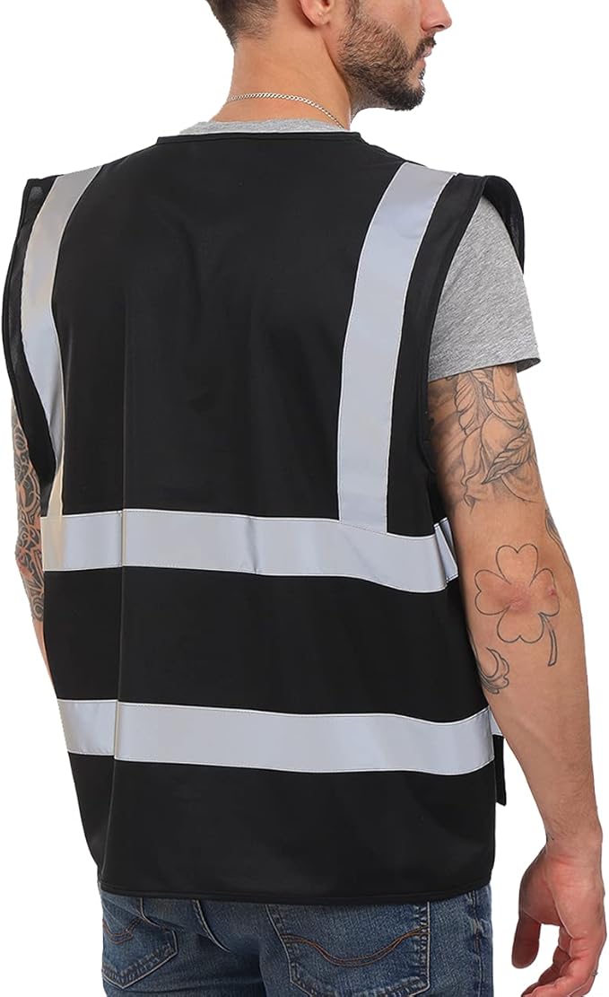 Dib Safety Reflective Vest High Visibility with Pockets and Zipper, Black XL