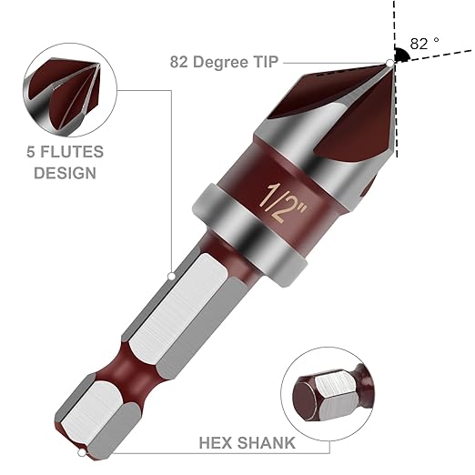 Countersink Drill Bit, 5PCS 82 Degree HSS 1/4"-3/4" with 1/4" Hex Shank Countersink Drill Bit Set, Counter Sink Drill Bit for Wood, Metal, Plastic, Countersink Bit for Woodwork