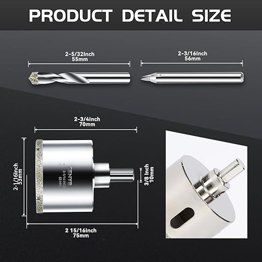2-1/16inch | 53mm Diamond Hole Saw with Center Drill bit and Diamond-Coated Center Drill bit for Ceramic Glass Marble Fiberglass Granite and Porcelain Tiles by CENYB
