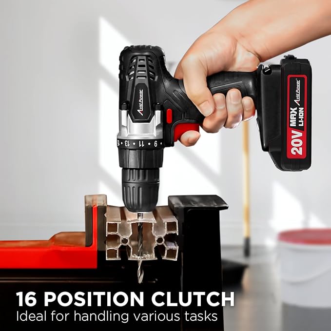 AVID POWER 20V MAX Lithium lon Cordless Drill, Power Drill Set with 3/8-Inch Keyless Chuck, Variable Speed, 16 Position and 22pcs Bits (Black)