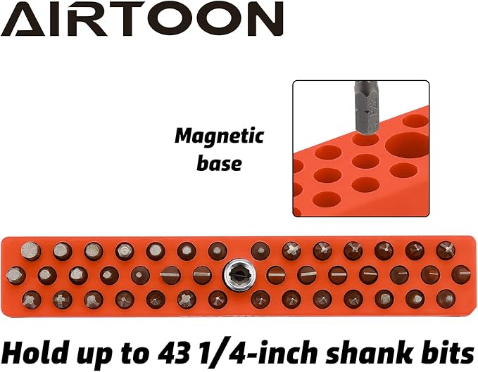 AIRTOON 1/4" Magnetic Hex Bit Holder, 43 Holes Bit Storage with Strong Magnetic Base, Magnetic Screwdriver Bit Organizer, Orange
