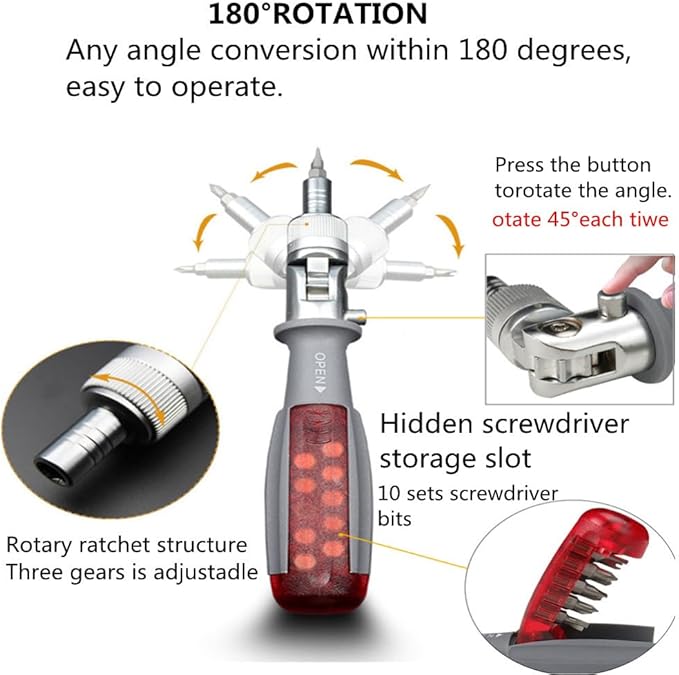 szhdxsy Upgraded Ratchet Screwdriver - 10 in 1 Multi Angle Adjustable Screwdriver With 180 Degree Pivoting Angled Screw Driver (Magnetic Drill Bit)