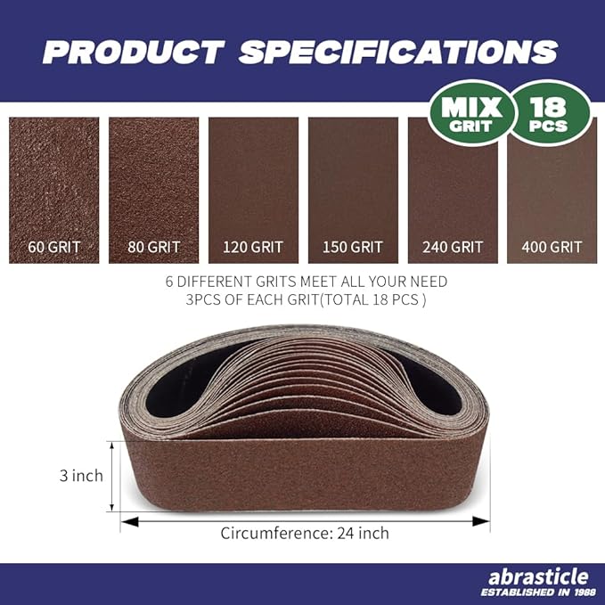 18 Pcs 3 x 24 Inch Assorted Aluminum Oxide Sanding Belt - 60/80/120/150/240/400 Grit