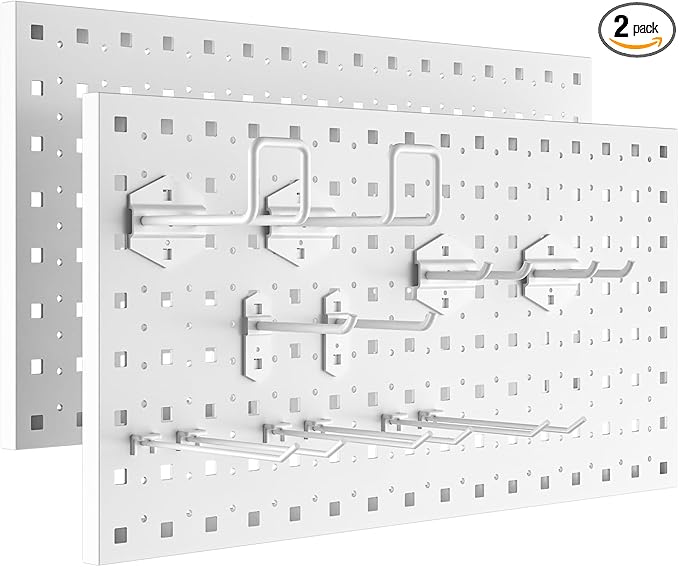 Peg Board, 2 Pack Metal Pegboard Panels Pegboards Wall Organizer with 12Pcs Hooks, Peg Board for Walls Garage Tool Storage Office Organization Kitchen Craft Room (White, 2PCS with 12 Hooks)