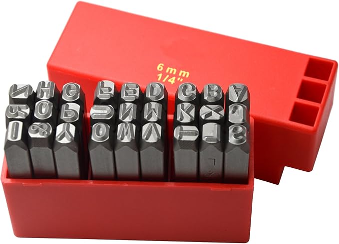 27pcs Heavy Duty Steel Stamp Uppercase Letters 1/4 6mm Hand Stamping Character Mark Code Alphabet Punch Kit for Bracelet Ring Jewelry Sheet Metal Plate Making Mold Die