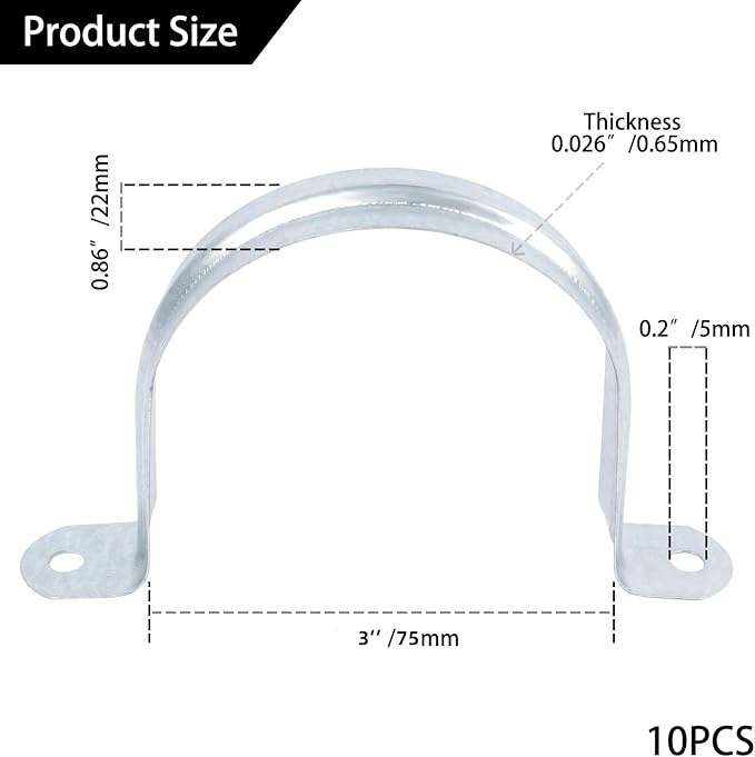 3 Inch Reinforced Rigid Pipe Strap, 2 Holes U Bracket Cable Clamp Hanger, Zinc Coated Tension Tube Clip, Conduits Strap Clamps for Pipe Fixing on Various Surfaces, 10 PCS(75 mm)
