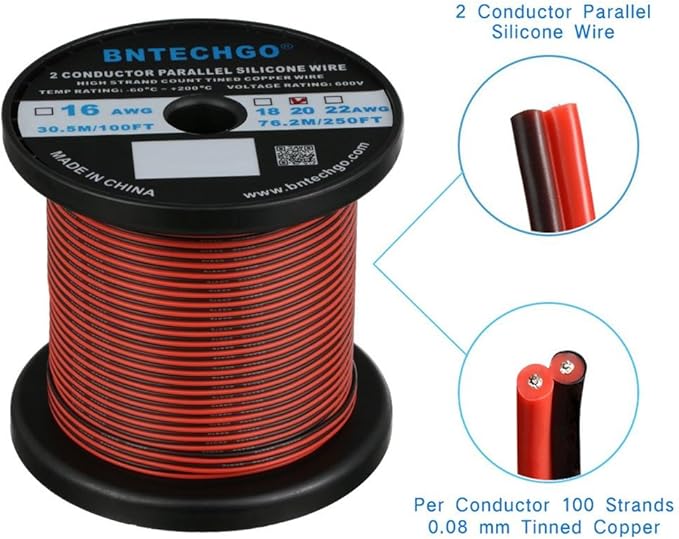 BNTECHGO 20 Gauge Flexible 2 Conductor Parallel Silicone Wire Spool Red Black High Resistant 200 deg C 600V for Single Color LED Strip Extension Cable Cord,Model,250ft Stranded Tinned Copper Wire