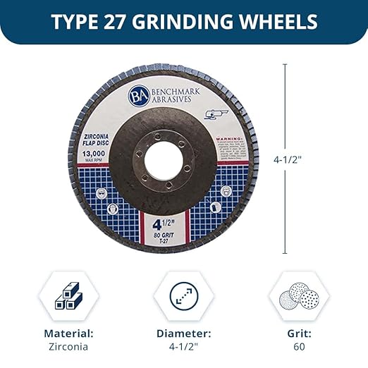 Benchmark Abrasives 4.5" Premium Zirconia Type 27 Flat Flap Discs Grinding Wheels for Sanding Stock Rust Removal Finishing Grinding Deburring Stainless Steel, 7/8" Arbor (100 Pack) - 60 Grit