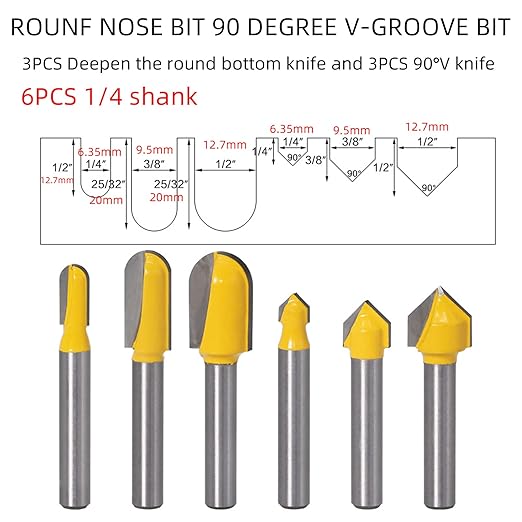 6PCS 1/4 Shank Carbide Rounf Nose Bit 90 Degree V-Groove Bit Suit 3D CNC Signmaking Lettering Engraving Router planing Head Wood Cutter Woodworking Tools Carving Cutting Tool