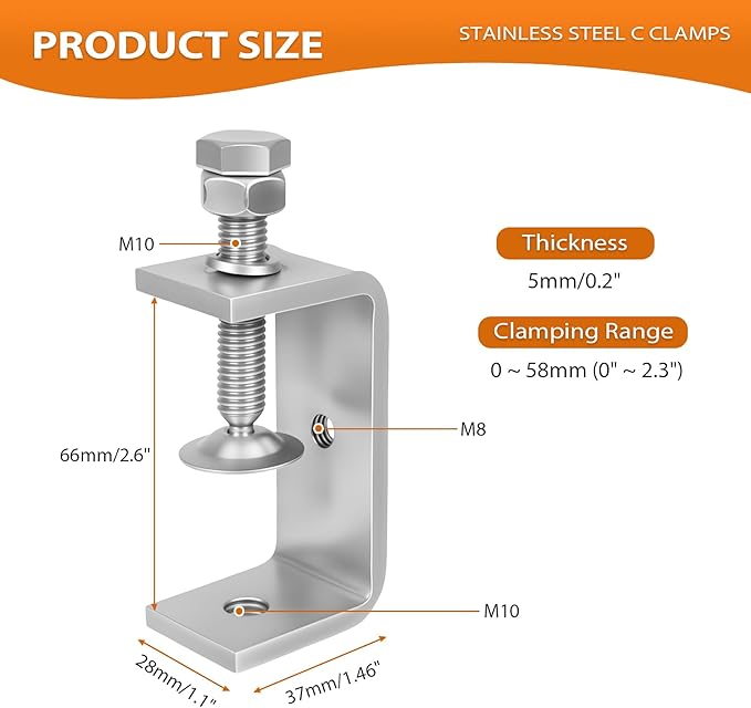 2-9/16 Inch C Clamps, 2 Pack 304 Stainless Steel C Clamps for Woodworking and Welding, Stable Wide Jaw Opening Tiger Clamp for Construction Household Mount(65mm)