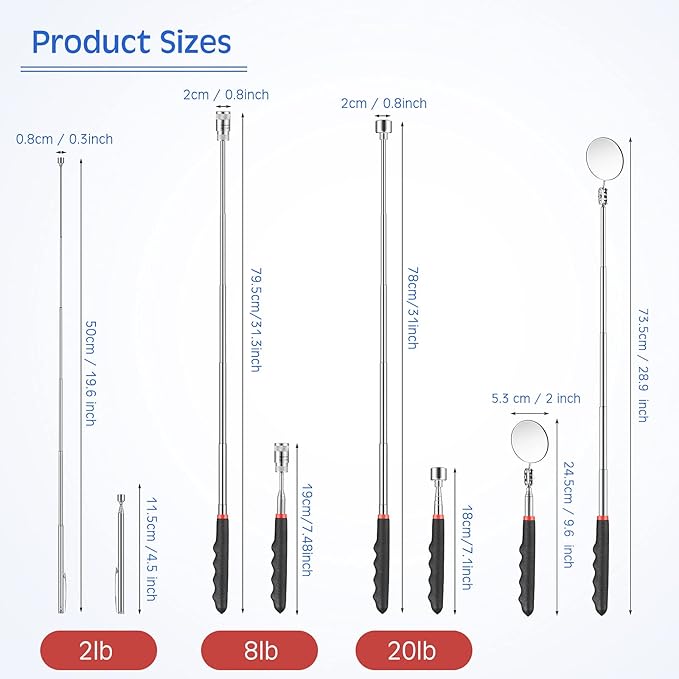 Patelai 4 Pcs Telescoping mechanic Magnet Tool Inspection Mirror Set with 2 lb 20 lb Magnetic Pickup Tool 8lb LED Light Telescoping Magnet Stick Gadget 360 Swivel for Father Day Men Gift Birthday