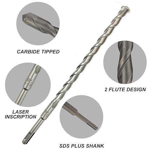 SDS Plus Drill Bits Set – 8pcs 12 Inch Concrete Masonry SDS Plus Drill Bit Set - Carbide Tipped - Rotary Hammer Drill Bits for Brick, Stone, Concrete