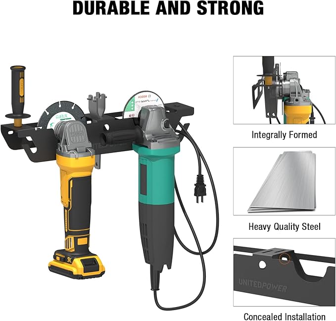 UNITEDPOWER Angle Grinder Holder - 4 Bay Angle Grinder Rack/Stand Storage Rack with Cord Hanger, Wall mount Bracket for Cutters Polishers, Garage and Workspace.