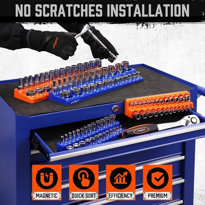 HORUSDY 4-Piece Magnetic Socket Organizer Set, Holds 1/4" & 3/8" SAE & Metric Standard/Deep Sockets, Strong Rubberized Magnetic Base, Durable Plastic Socket Holder for Toolbox & Workbench