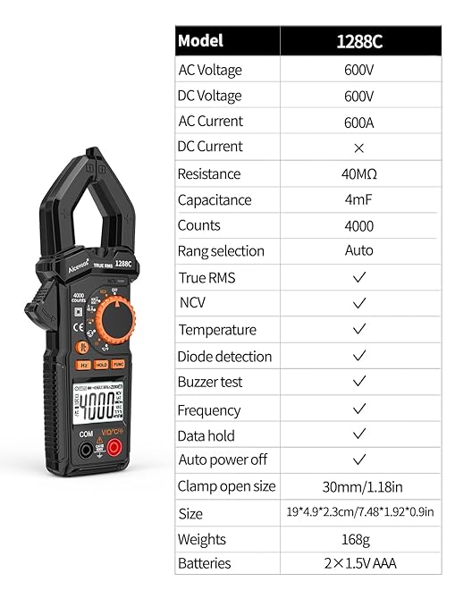 Digital Clamp Meter Multimeter Voltage Tester Auto-ranging, Measures Current Voltage Capacitance Resistance Diodes