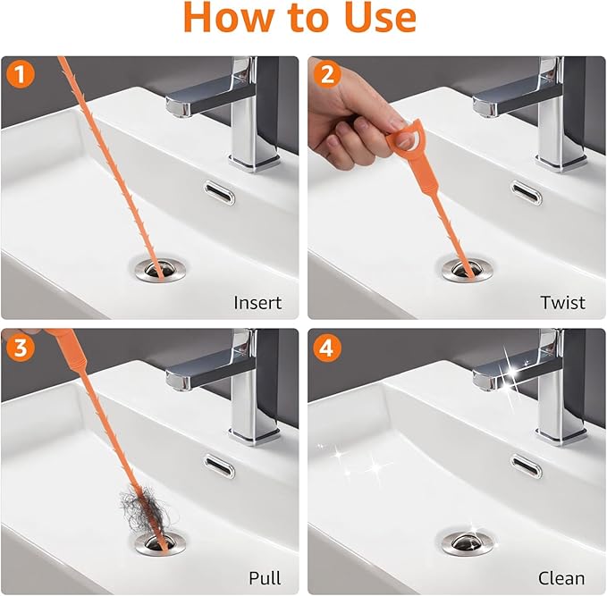 Amazon Basics Drain Clog Remover Tool, Includes 5 Plastic and 1 Stainless Drain Snakes, Effectively Clean Hair and Other Clog for Toilet, Kitchen Sink, Bathroom Tub, 6 Pack