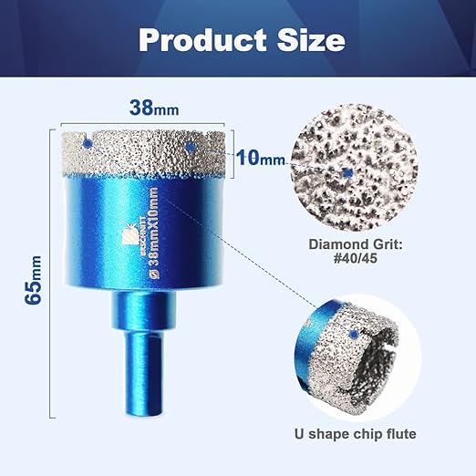 Dry Diamond Core Drill Bit Set,BRSCHNITT 2pcs/Pack 1 1/2 Inch (38mm) Diamond Hole Saw Core Drill Bit with Triangle Shank for Porcelain Tile Ceramic Stone Granite Marble