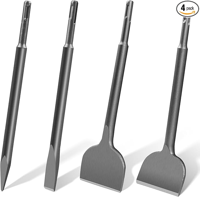 4Pcs SDS Plus Chisels Set, 3” x 10”Flat & 20° Bent Tile Removal Bits， Point & 0.8” x 10”Narrow Flat Chisel in 40Cr Alloy Steel, Fits Most Rotary Hammers & Impact Drills