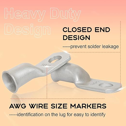 Heavy Duty Tinned Battery Ring Terminals - 6 AWG 3/8" Stud (25 pcs.), Copper Wire Lugs, Bare Copper Eyelets, Tubular Ring Terminal Connectors