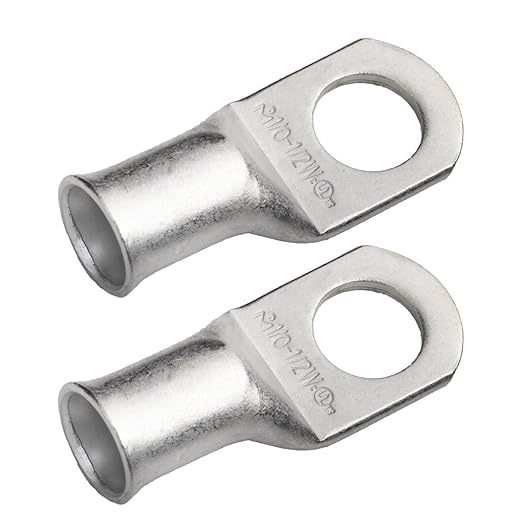 SELTERM 2pcs 1/0 AWG 1/2" Stud Tinned Copper Wire Lugs, Battery Lugs, Ring Terminals, Battery Cable Ends, 0 Gauge Ring Terminal Connectors, UL Marine Grade Electrical Battery Terminal Connectors