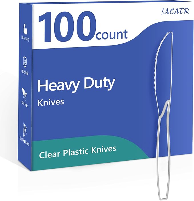 SACATR 100 Count Heavy Duty Plastic Knives Disposable, BPA-Free Clear Plastic Knives，Suitable for Party, Events and Everyday Use