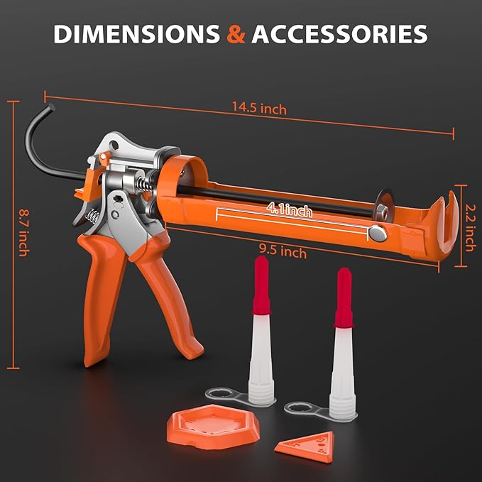 Holothurian Caulking Gun, Heavy-Duty Aluminum Caulk gun, 1/10 Gallon, Adjustable 12:1 & 25:1 Thrust Ratio, No-Drip, Built-in Nozzle Cutter and Puncture Tool, Two Nozzles and Scraper