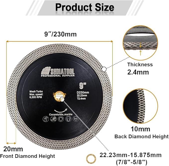 SHDIATOOL Tile Diamond Saw Blades 9-Inches Cutting Disc,Cut-Off Wheel for Dry/Wet Cutting Grinding Ceramic Marble Artificial Stone 180mm(Pack of 5)