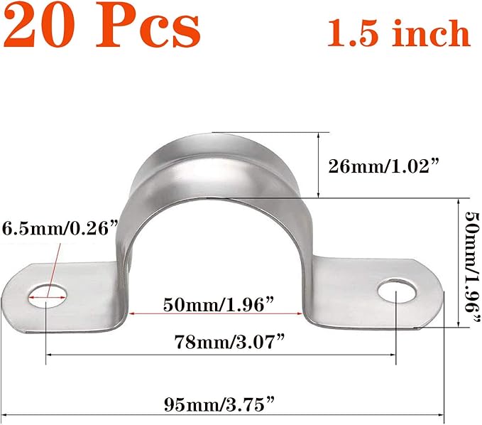 20 Pcs 1.5inch Rigid Pipe Strap,Two Hole Stainless Steel Strap U Bracket, Widened Tube Strap Tension Clip Assortment Kit Heavy Duty Pipe Clamp（50mm）
