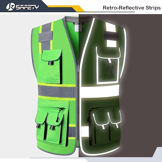 JKSafety 10 Pockets Hi-Vis Zipper Front Fluorescent Green Safety Vest | Cushioned Collar | High Reflective Tapes with Extended Neon Yellow Strips | Meets ANSI/ISEA Standards (X-Large, 89-Green)