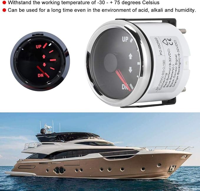 Aramox Boat Trim Gauge, 52mm/2in UP-DN Boat Trim Gauge 0-190ohm Trim Tilt Indicator Red Backlight (Black Dial Silver Frame)