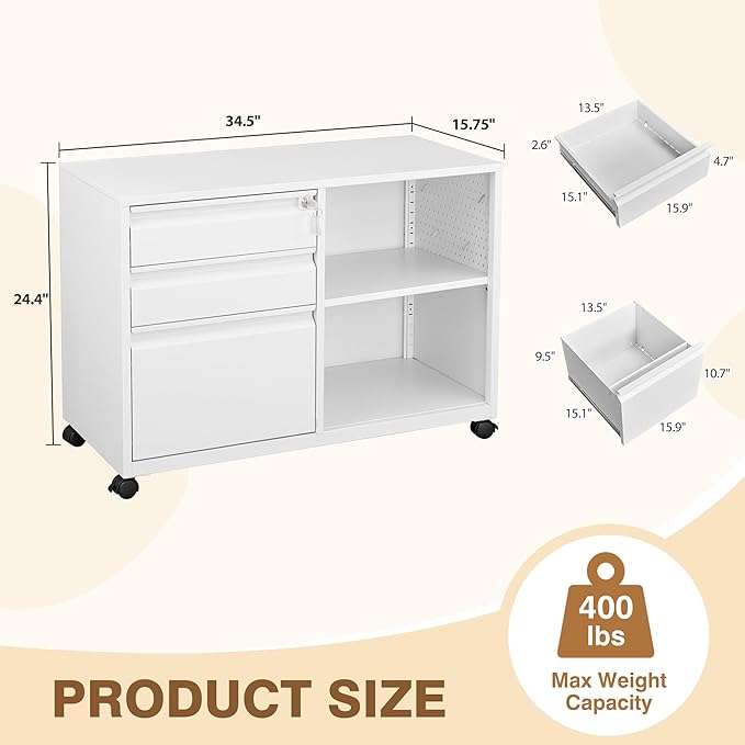 Mobile Filing Cabinet with Lock,Metal Lateral File cabinets Printer Stand with Storage Cabinet for Home Office,A4/F4/Letter (White-3 Drawer)
