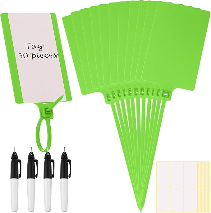 Pajean Waterproof Plastic Tags with Marker Pens and Sticker Labels, Self Locking Bag Writable Tags with Wire Cable Ties for Luggage(Green,50 Pieces)