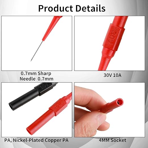 cobee 10 Pcs 0.7mm Test Probe Pins, Wire Piercing Probe Insulation Back Probes Non-Destructive Pin, Wire Piercing Probe Pin Multimeter Probes for Banana Socket Plug Car Tester