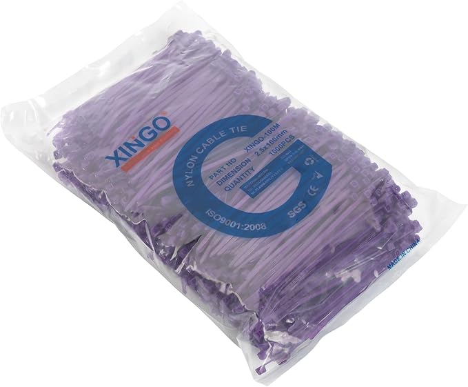 XINGO 1000 PCS 4 inch Cable Zip Ties, 18lb Strength, Small Tie Wraps Self-Locking Nylon Zip Ties for Indoor and Outdoor Use (Purple)