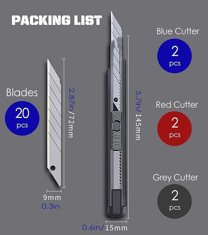 6 Pack Utility knife Retractable with 30 Degree Snap Off Blade Lockable Cardsharp Box Cutter Knife with Extra 20 Sharp Blades for Heavy Duty Office, Home, Arts Crafts, Hobby