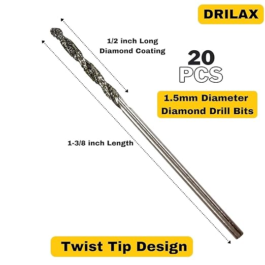 Diamond Drill Bits 1.5mm 20 Pieces Compatible with Dremel Collet Included Twist Tip Jewelry Beach Sea Glass Shells Gemstones Lapidary Ornament Bracelet Necklace Arts Crafts
