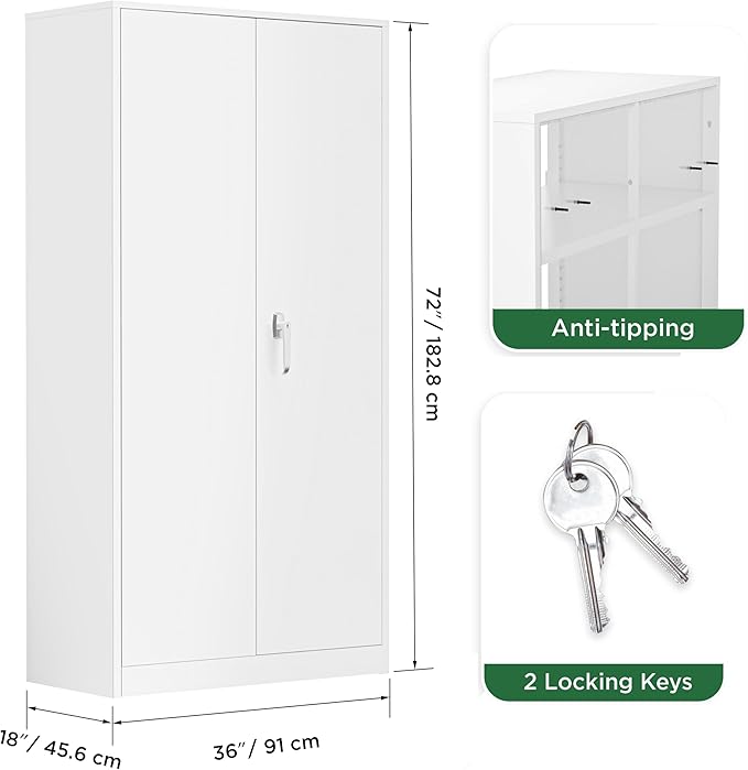 Greenvelly Metal Garage Storage Cabinet with 2 Doors & Adjustable Shelves, 72" Lockable Steel Tool Cabinet - White - (36" W x 18" D)