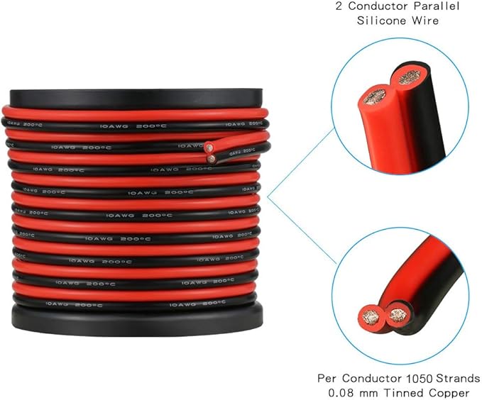 BNTECHGO 10 Gauge Flexible 2 Conductor Parallel Silicone Wire Spool Red Black High Resistant 200 deg C 600V for Single Color LED Strip Extension Cable Cord,Model,50ft Stranded Tinned Copper Wire