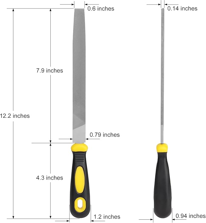 8in Flat Hand Metal File, Total 12in Length, Ergonomic Rubberized Handle, Uniform Teeth, Strength High Carbon Steel, perfect for Long Time Use for Trimming, Sharping Metal, Stone, Wood, etc.
