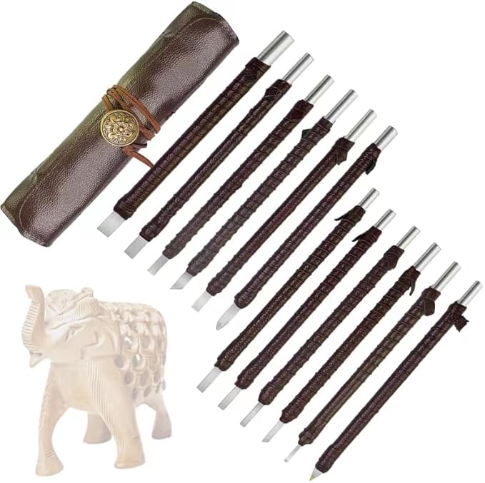 Esamploe 12 Pcs Stone Carving Tool,Tungsten Steel Soapstone Carving Kit,Gravers for Metal with Portable Leather Roll Bag,Hand Engraving Tools for Slate,Wood,Soft Limestone,Lapis Lazuli,Bamboo