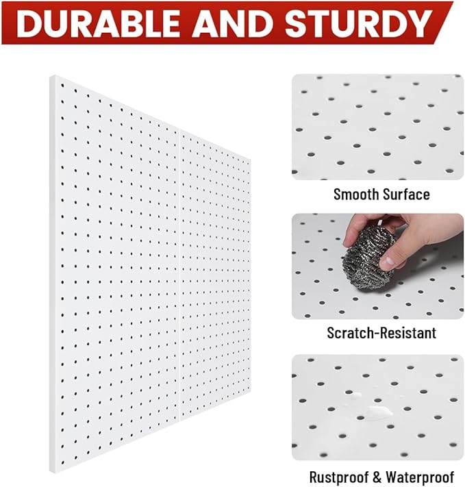 Pegboard, Metal Peg Board, Pegboards Wall Organizer with 57 Pcs Hooks, Sturdy Peg Board for Garage Tool Organization, Home & Office Wall Decoration (White, 3 Pack)