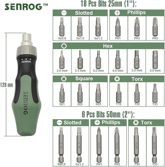24 in 1 Multi-Bit Ratcheting Screwdriver, Magnetic Interchangeable Ratchet Screwdriver with Changeable Bits（Phillips,Slotted,Hex,Square,Torx）for Home,Work,DIY.