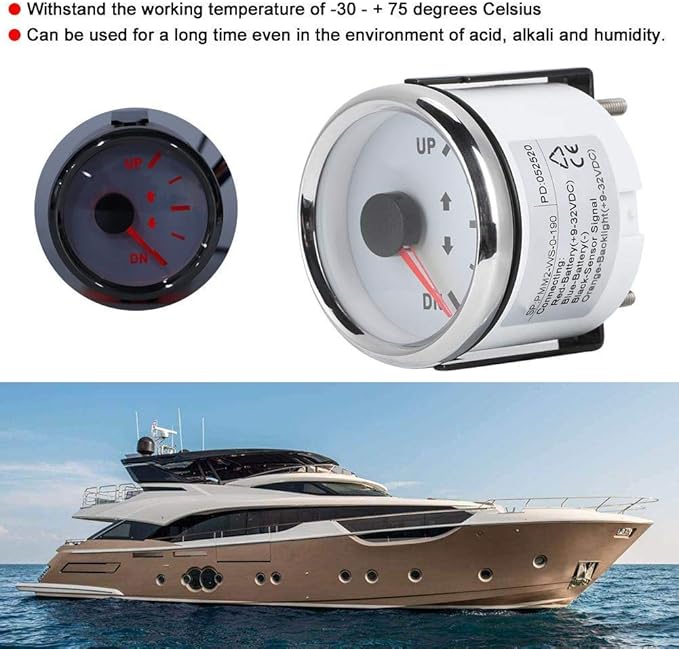 Boat Trim Gauge, 52mm/2in Stainless Steel UP-DN Boat Trim Gauge 0-190ohm Trim Tilt Indicator Red Backlight (White Dial Silver Frame)