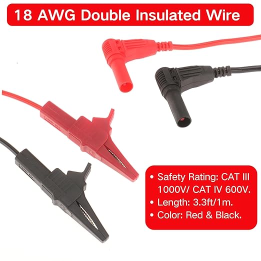 2PCS Heavy Duty Alligator Clips Test Leads, 18AWG Multimeter Alligator Clips Test Leads to Right Angle 4mm Banana Plug for Multimeter & Voltmeter, 3Ft 600V/1000V, Double Insulated ﻿ ﻿